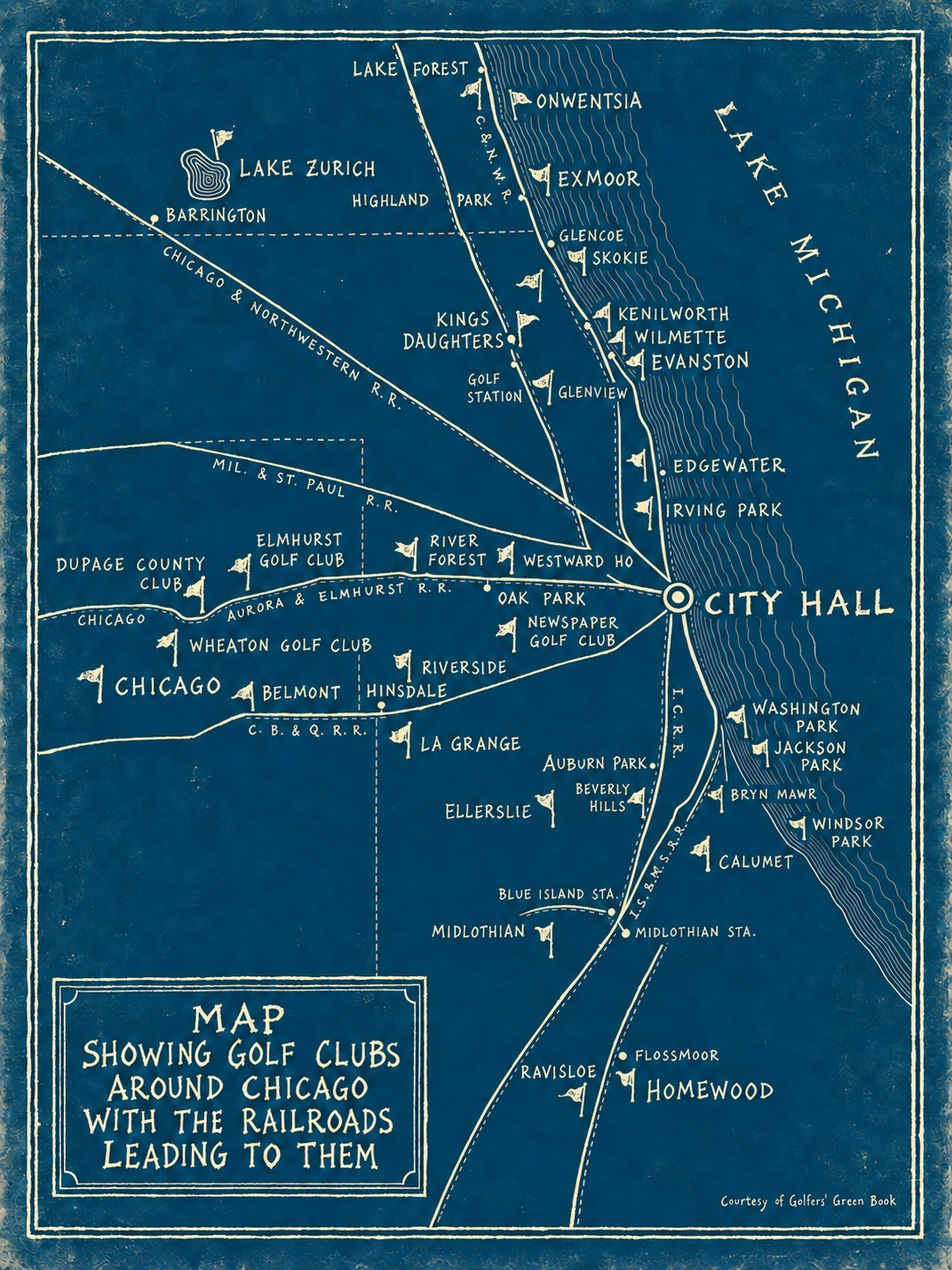 Chicago golf and railroad map with hand-lettered ivory writing and individually distressed flags on vintage blue paper