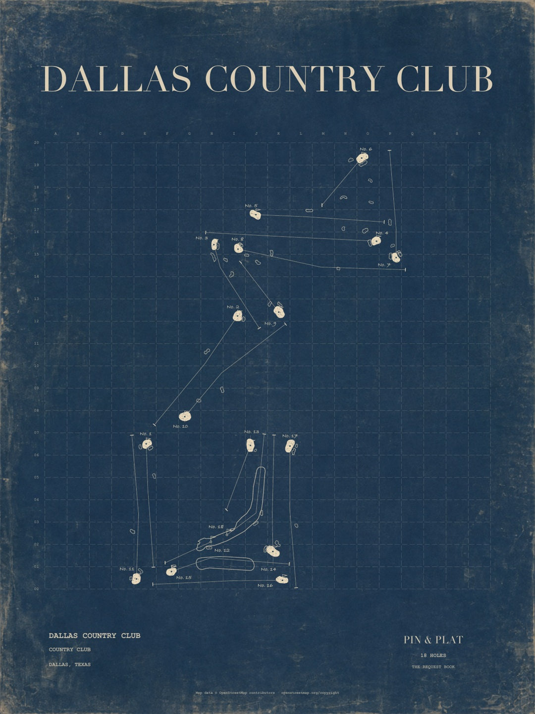 Dallas Country Club golf course map, Warm charcoal · Black, white mat