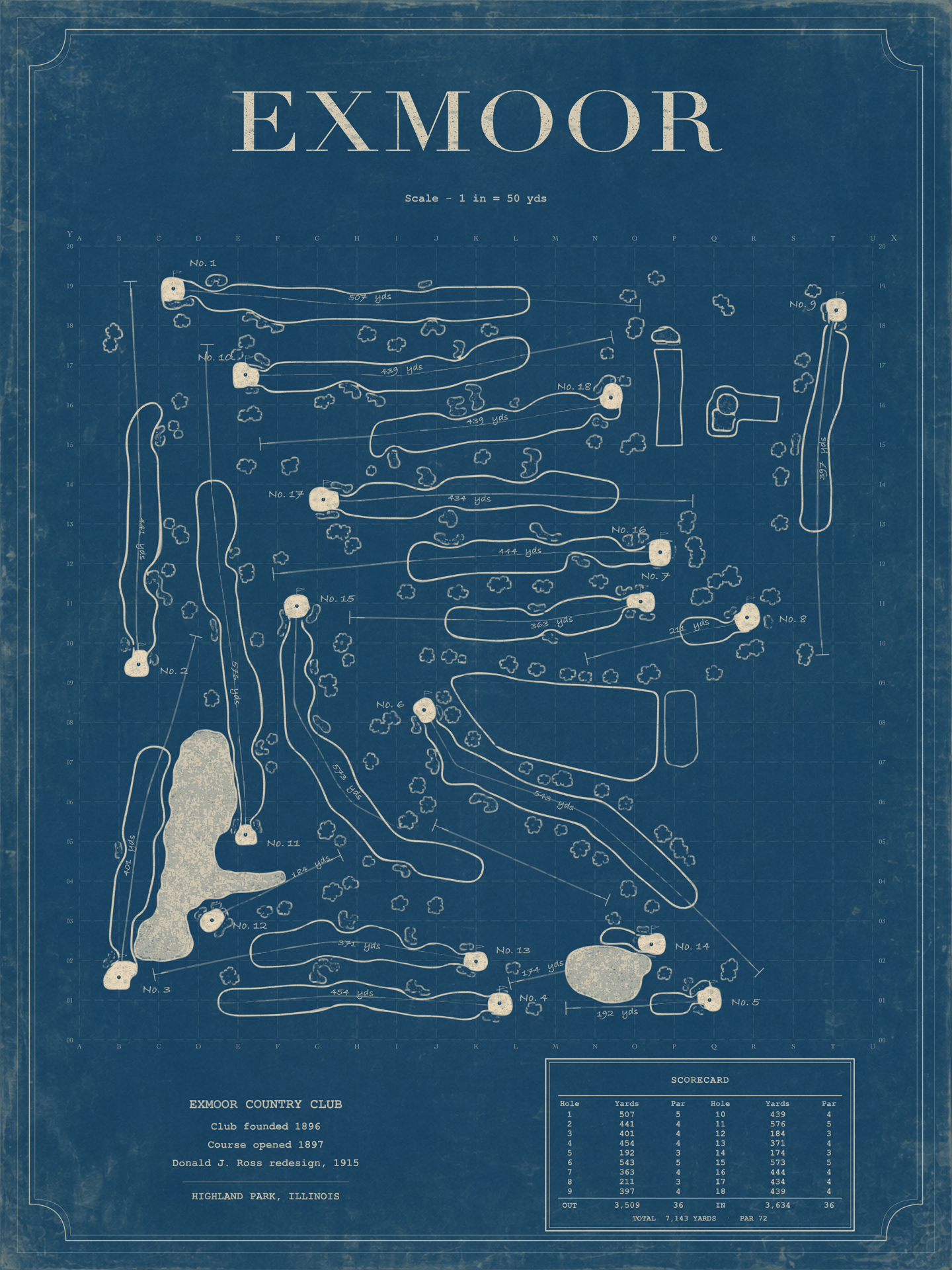 Exmoor Country Club map with aged navy paper, ivory course outlines, and engraved lettering